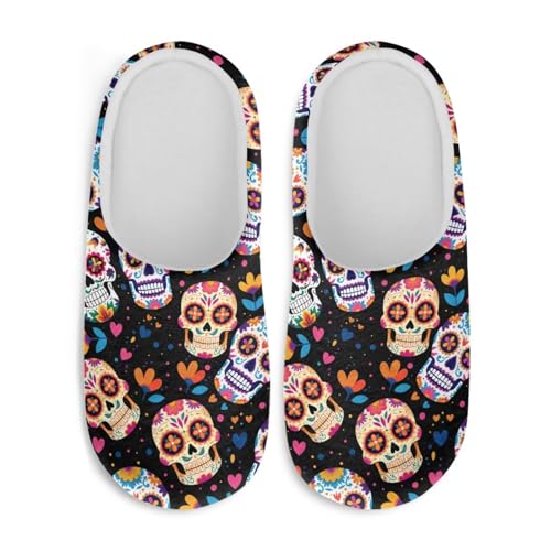 Jndtueit Plüsch-Hausschuhe, Gothic-Totenkopf-Design, flauschige Hausschuhe, Schlafzimmer, Hausschuhe für Damen und Herren, Bunter Zuckerschädel in Schwarz, X-Small von Jndtueit