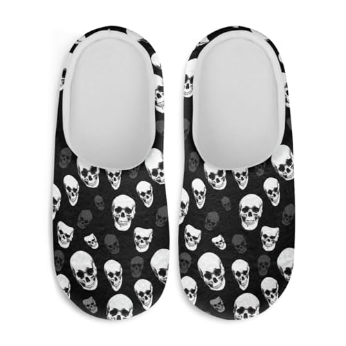 Jndtueit Plüsch-Hausschuhe, Gothic-Totenkopf-Design, flauschige Hausschuhe, Schlafzimmer, Hausschuhe für Damen und Herren, Funny Skull Black, Medium von Jndtueit