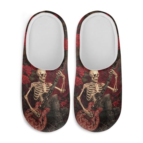 Jndtueit Plüsch-Hausschuhe, Gothic-Totenkopf-Design, flauschige Hausschuhe, Schlafzimmer, Hausschuhe für Damen und Herren, Goth Skull Gitarre Red Rose, X-Small von Jndtueit