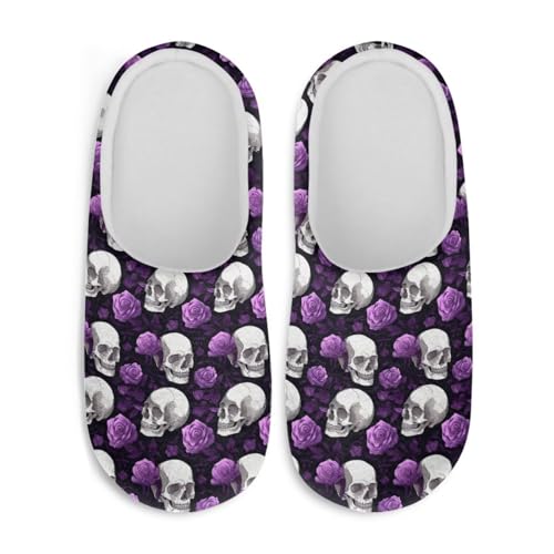 Jndtueit Plüsch-Hausschuhe, Gothic-Totenkopf-Design, flauschige Hausschuhe, Schlafzimmer, Hausschuhe für Damen und Herren, Gothic-Schädel, violetter Totenkopf, Medium von Jndtueit