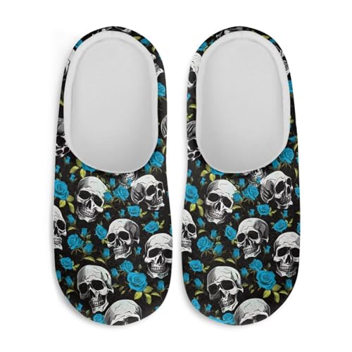 Jndtueit Plüsch-Hausschuhe, Gothic-Totenkopf-Design, flauschige Hausschuhe, Schlafzimmer, Hausschuhe für Damen und Herren, Gothic Skull Blue Rose, X-Large von Jndtueit