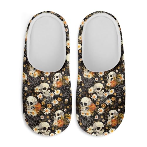 Jndtueit Plüsch-Hausschuhe, Gothic-Totenkopf-Design, flauschige Hausschuhe, Schlafzimmer, Hausschuhe für Damen und Herren, Halloween Skull Daisy Black, Large von Jndtueit