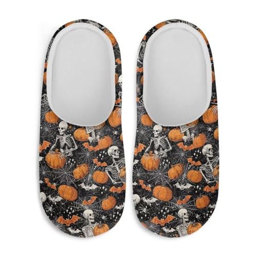 Jndtueit Plüsch-Hausschuhe, Gothic-Totenkopf-Design, flauschige Hausschuhe, Schlafzimmer, Hausschuhe für Damen und Herren, Halloween Totenkopf Kürbis Fledermaus schwarz, Medium von Jndtueit