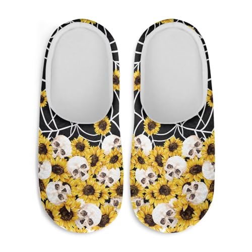 Jndtueit Plüsch-Hausschuhe, Gothic-Totenkopf-Design, flauschige Hausschuhe, Schlafzimmer, Hausschuhe für Damen und Herren, Halloween-Totenkopf-Sonnenblume, schwarz, Large von Jndtueit