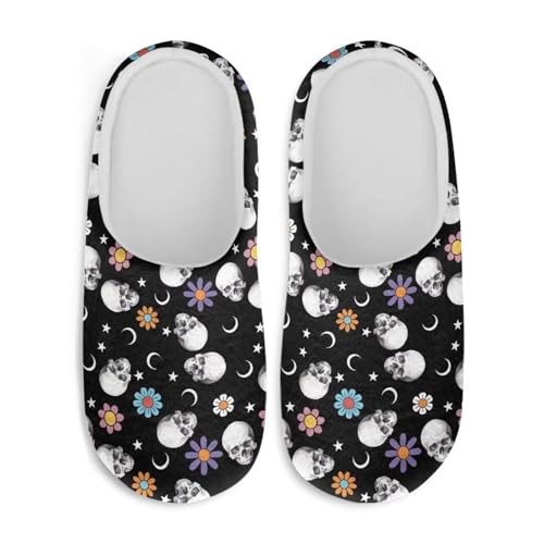 Jndtueit Plüsch-Hausschuhe, Gothic-Totenkopf-Design, flauschige Hausschuhe, Schlafzimmer, Hausschuhe für Damen und Herren, Skull Daisy Black Moon Star, X-Large von Jndtueit