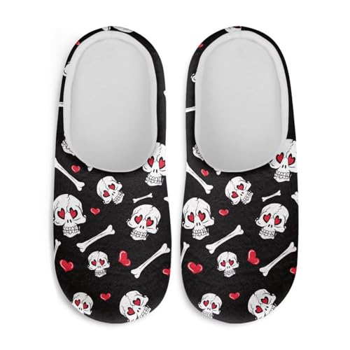 Jndtueit Plüsch-Hausschuhe, Gothic-Totenkopf-Design, flauschige Hausschuhe, Schlafzimmer, Hausschuhe für Damen und Herren, Skull Love Black, Small von Jndtueit