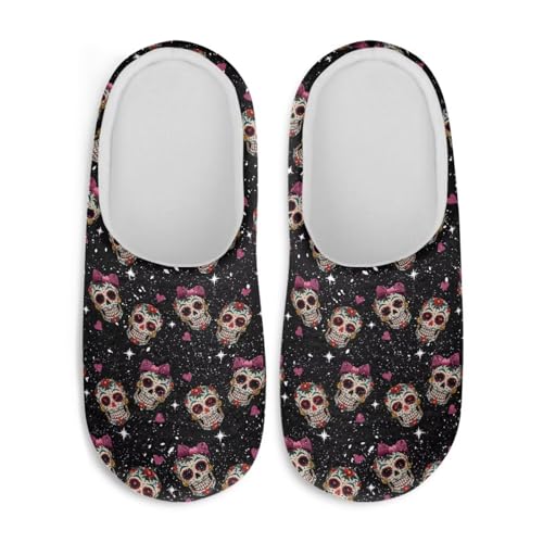 Jndtueit Plüsch-Hausschuhe, Gothic-Totenkopf-Design, flauschige Hausschuhe, Schlafzimmer, Hausschuhe für Damen und Herren, Sugar Skull Black Galaxy Star, XX-Large von Jndtueit