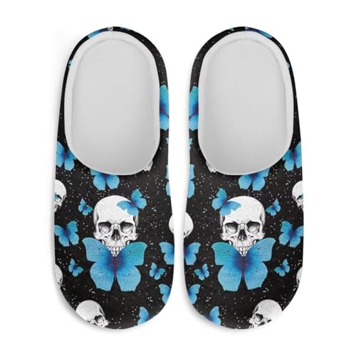 Jndtueit Plüsch-Hausschuhe, Gothic-Totenkopf-Design, flauschige Hausschuhe, Schlafzimmer, Hausschuhe für Damen und Herren, Totenkopf Blau Schmetterling Schwarz Galaxy, XX-Large von Jndtueit