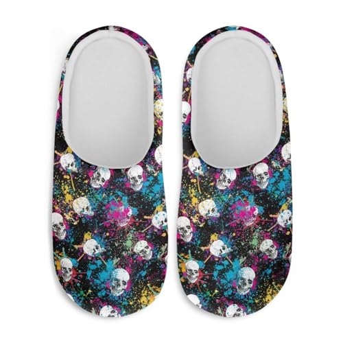 Jndtueit Plüsch-Hausschuhe, Gothic-Totenkopf-Design, flauschige Hausschuhe, Schlafzimmer, Hausschuhe für Damen und Herren, Totenkopf-Farbe, Schwarz, Large von Jndtueit