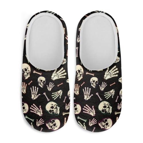Jndtueit Plüsch-Hausschuhe, Gothic-Totenkopf-Design, flauschige Hausschuhe, Schlafzimmer, Hausschuhe für Damen und Herren, Totenkopf-Hand, Schwarz, Medium von Jndtueit