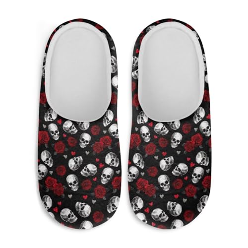 Jndtueit Plüsch-Hausschuhe, Gothic-Totenkopf-Design, flauschige Hausschuhe, Schlafzimmer, Hausschuhe für Damen und Herren, Totenkopf Red Rose Love Black, XX-Large von Jndtueit