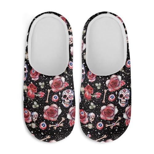 Jndtueit Plüsch-Hausschuhe, Gothic-Totenkopf-Design, flauschige Hausschuhe, Schlafzimmer, Hausschuhe für Damen und Herren, Totenkopf Rot Rose Schwarz Galaxie, X-Large von Jndtueit