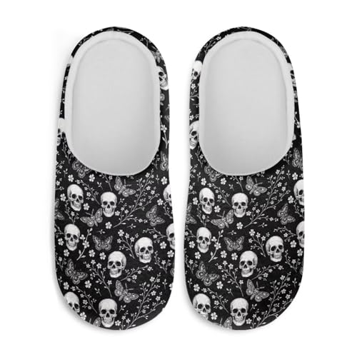 Jndtueit Plüsch-Hausschuhe, Gothic-Totenkopf-Design, flauschige Hausschuhe, Schlafzimmer, Hausschuhe für Damen und Herren, Totenkopf Schmetterling Blume Schwarz, Large von Jndtueit
