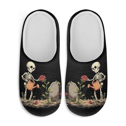 Jndtueit Plüsch-Hausschuhe, Gothic-Totenkopf-Design, flauschige Hausschuhe, Schlafzimmer, Hausschuhe für Damen und Herren, Totenkopf schwarz, XX-Large von Jndtueit