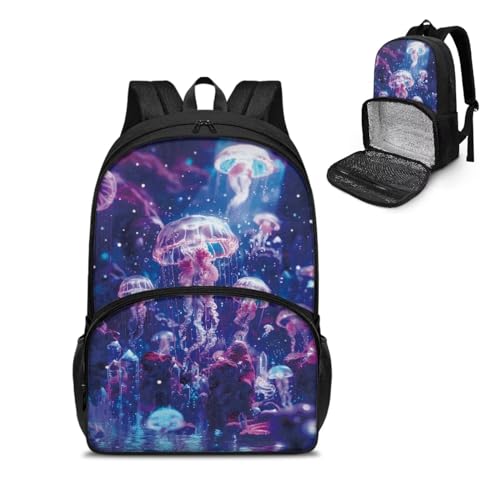 Jndtueit Rucksack und Lunchbox mit Regenbogen-Hundepfotenabdruck, Set für Mädchen, 2-in-1-Schulrucksack, isolierte Lunchtasche, leicht, Neon Octopus, L von Jndtueit