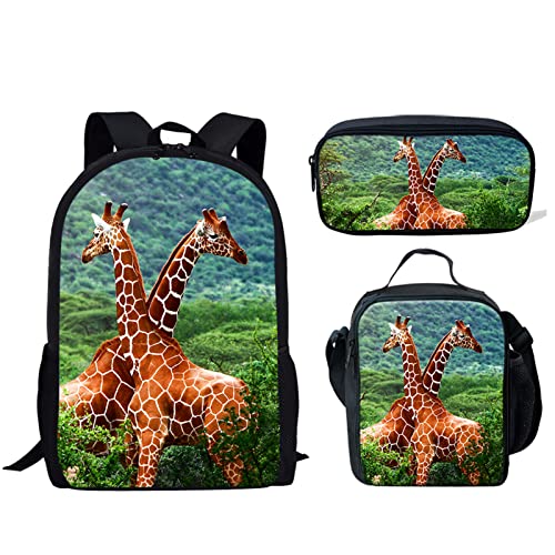 Jndtueit Schulranzen-Set für Kinder, Motiv: Mops, 1 Rucksack, Lunchtasche und Federmäppchen, Rosa, Tier-Giraffe, Einheitsgröße von Jndtueit