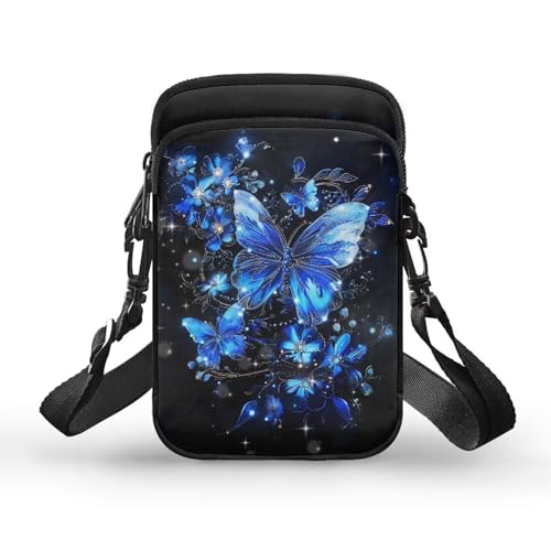 Jndtueit Tiger Cat Sonnenblume Handytasche für Frauen Mädchen Crossbody Umhängetasche Kleine Handytasche Reißverschluss Geldbörse Geldbörse für Reisen Arbeit, Blauer neonfarbener Schmetterling von Jndtueit