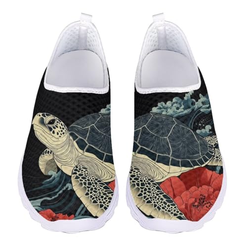 Jndtueit Unisex-Turnschuhe, breite Zehenpartie, Lauf-Sneaker, Tennis-Loafer für Damen und Herren, Meeresschildkröte, Blume, Blau, 37 EU von Jndtueit