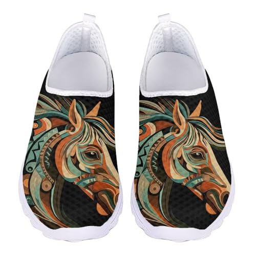 Jndtueit Unisex Walk-Schuhe, lässig, Laufen, Barfuß-Sneaker, Netz-Loafer für Damen, Horse Tribal Ethnic Style Black, 36 EU von Jndtueit