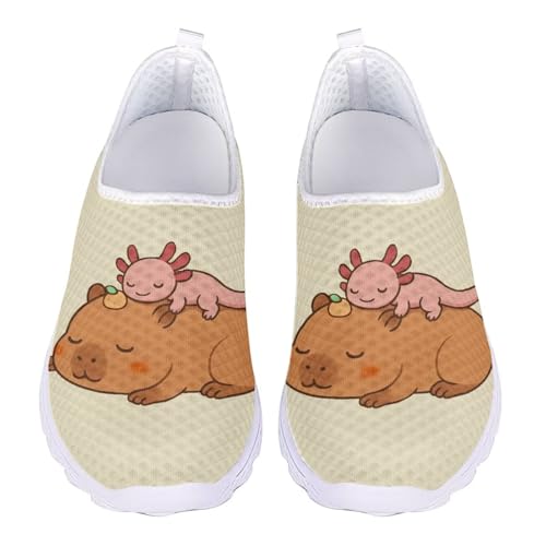 Jndtueit Wanderschuhe, Arbeitsschuhe, Loafer für Damen, Netzstoff, flache Schuhe, Training, Barfuß-Sneaker, Cartoon Capybara Axolotl Beige, 43 EU von Jndtueit