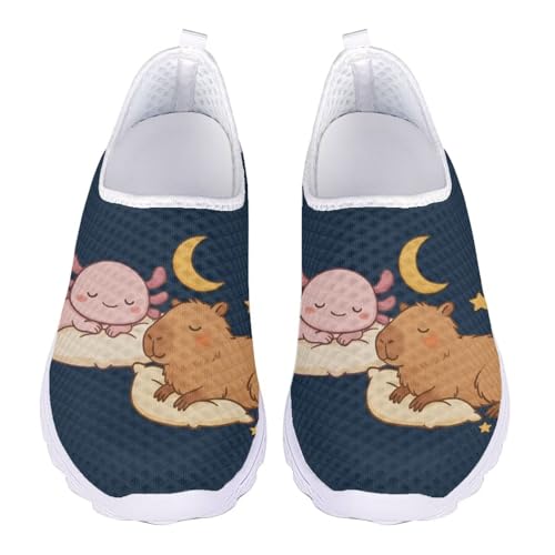 Jndtueit Wanderschuhe, Arbeitsschuhe, Loafer für Damen, Netzstoff, flache Schuhe, Training, Barfuß-Sneaker, Cute Axolotl Capybara Blue, 36 EU von Jndtueit