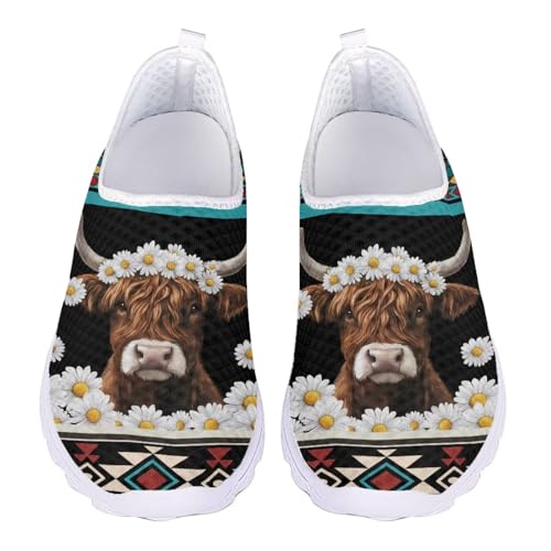 Jndtueit Wanderschuhe, Arbeitsschuhe, Loafer für Damen, Netzstoff, flache Schuhe, Training, Barfuß-Sneaker, Highland Cow Daisy Tribal Ethnic, 42 EU von Jndtueit
