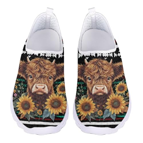 Jndtueit Wanderschuhe, Arbeitsschuhe, Loafer für Damen, Netzstoff, flache Schuhe, Training, Barfuß-Sneaker, Highland Cow Sunflower Aztec Tribe, 44 EU von Jndtueit