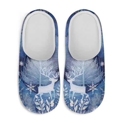Jndtueit Weihnachtliche Hausschuhe, gemütlich, flauschig, für den Innenbereich, Hausschuhe für Damen und Herren, Deer Blue Forest, Large von Jndtueit