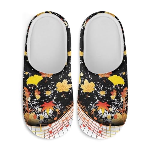 Jndtueit Weihnachtliche Hausschuhe, gemütlich, flauschig, für den Innenbereich, Hausschuhe für Damen und Herren, Fall Maple Leaf Music Note Black, XX-Large von Jndtueit