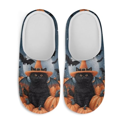 Jndtueit Weihnachtliche Hausschuhe, gemütlich, flauschig, für den Innenbereich, Hausschuhe für Damen und Herren, Katze Kürbis blau, XX-Large von Jndtueit