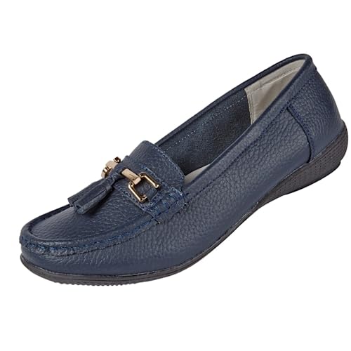 Damen-Mokassin, flach, weite Passform, Leder, Größe 37-42, navy, 37EU von Jo & Joe