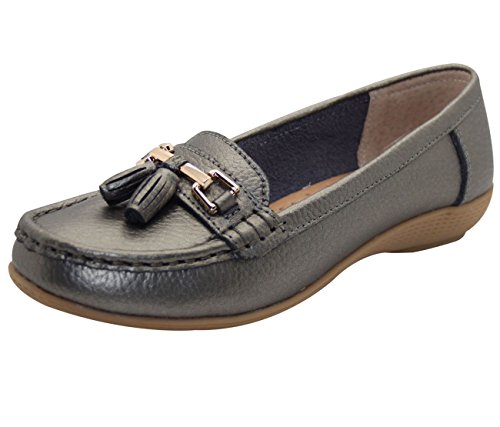 Damenschuhe aus Leder – flache lässige Damenslipper, bequeme Halbschuhe mit niedrigem Keilabsatz, Arbeitsschuhe, Gun Metal, 39 EU / 6 UK von Jo & Joe