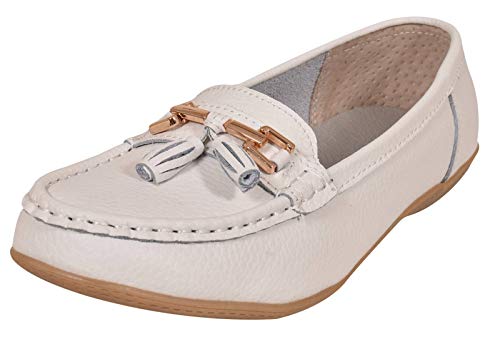 Damenschuhe aus Leder – flache lässige Damenslipper, bequeme Halbschuhe mit niedrigem Keilabsatz, Arbeitsschuhe, Nautical Wide Fit - White, 39 EU / 6 UK von Jo & Joe