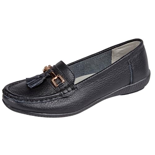 Jo & Joe Damen Leder Mokassins Loafer Plimsole Pumps Damen Quaste Flache Schuhe, Schwarz - Schwarz - Größe: 41 EU von Jo & Joe