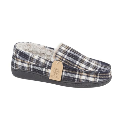 Jo & Joe Herren Mokassin Hausschuhe Fischgrätenmuster Karo Tweed Fleece und Kunstfell Gefüttert Slip-On, Marineblau (Navy Plaid), 44 EU von Jo & Joe