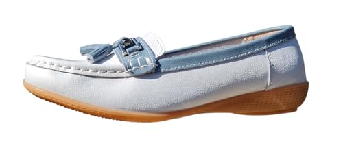 Jo & Joe Nautical Damen Leder Loafer Schuhe Quaste Flach Damen Größe 7,5-8 Flexible Gummigriffsohle Runde Zehe Pull-On 2,5 cm Absatz Kaltfutter Solide Low Top Komfort Tragen Party, Weiß, Babyblau, 40 von Jo & Joe