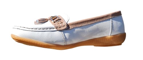 Jo & Joe Nautical Damen Leder Loafer Schuhe Quaste Flach Damen Größe 7,5-8 Flexible Gummigriffsohle Runde Zehe Pull-On 2,5 cm Absatz Kaltfutter Solide Low Top Komfort Tragen Party, Weiß Mokka, 38 EU von Jo & Joe