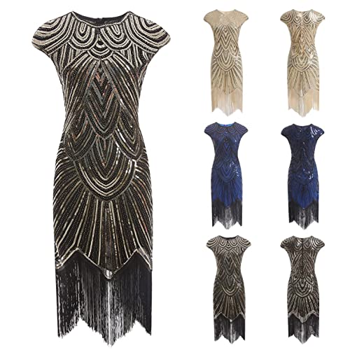 Damen Vintage Retro 20er Jahre Kleid,Great Gatsby 1920er Hochzeit Party Abendkleid Ballkleid,Damen Flapper Kleider Voller Pailletten Kleid,Damen Quasten Saum Cocktail Flapper Abschlussball Kleid von JoCome