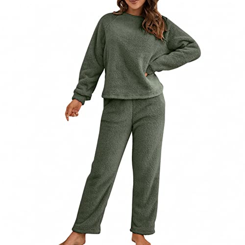 Schlafanzug Pyjama,Damen Winter Warme Fleece Schlafanzug Flauschig Rundhals Sweatshirt Oberteile Einfarbig Plüsche Hose Pyjamas Set,Schlafen Nachtwäsche Zweiteilig mit Taschen,Winter Warm Anzug Set von JoCome
