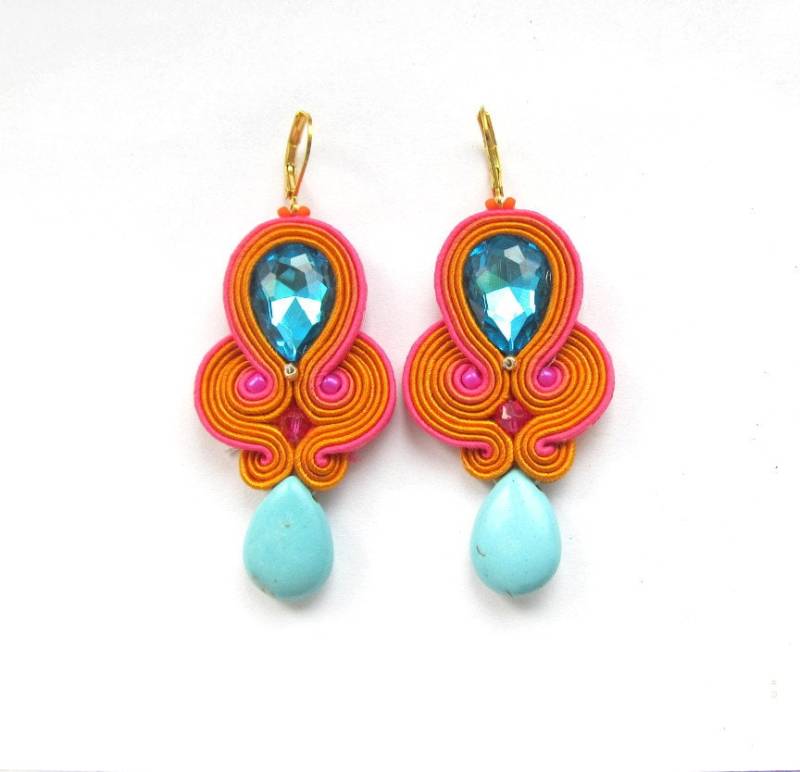 Türkis & Orange Soutache Ohrringe Lang Lederschmuck von JoJoJoanson