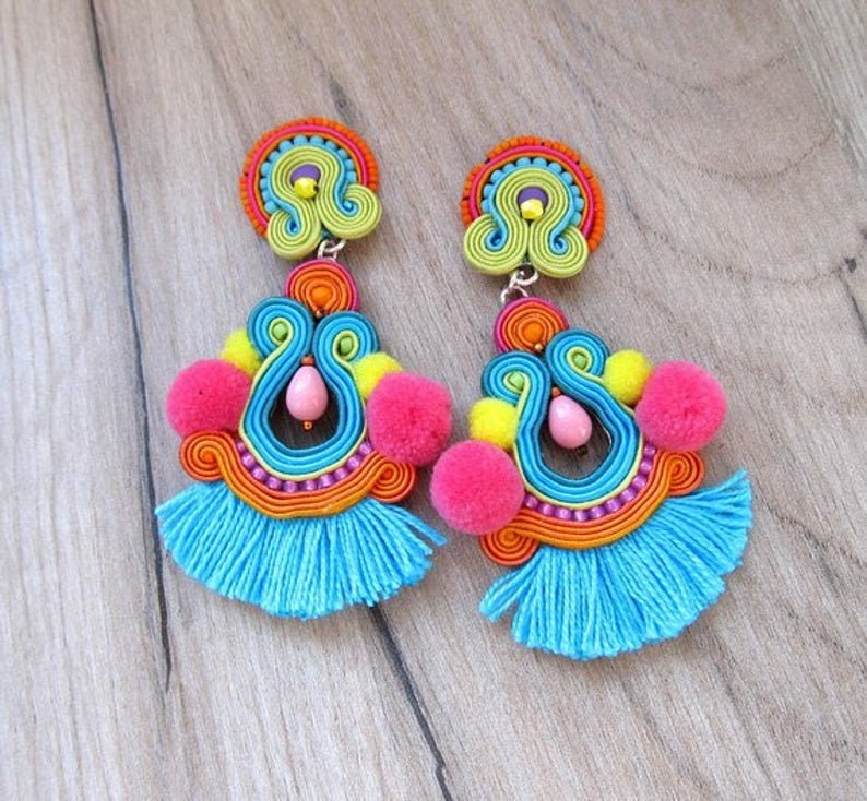 Bunte Soutache Quasten Ohrringe Boho Pom Statement Schmuck von JoJoJoanson