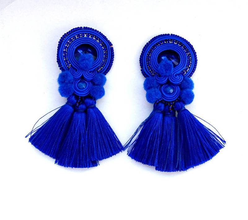 Kobalt Blau Quaste Ohrringe Soutache Pompom Kristall Clip-Ons von JoJoJoanson