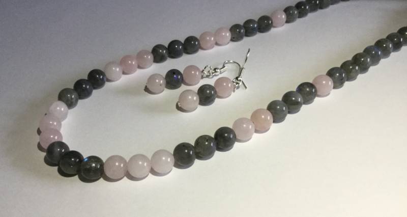 Labradorit Und Rosenquarz Halskette Ohrringe Set - Blauen Schiller Labadorite Schmuck von JoMoJewellery