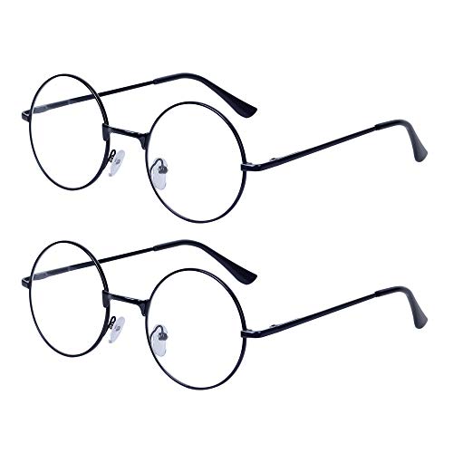 2 Stueck Damen Herren Lesebrille Rund Retro +1.0 (45-49 Jahre) Klar Linse Metall Rahmen Presbyopische Gläser Nerdbrille mit Etui von JoXiGo