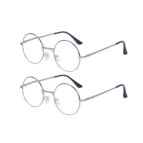 JoXiGo 2 Pack Lesebrille Rund +2.0 Herren Damen (Silber) Retro Nerdbrille Metall Rahmen Klar Linse + Brillenband von JoXiGo