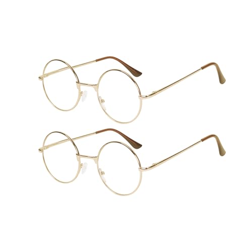 JoXiGo 2 Pack Lesebrille Rund +3.0 Herren Damen (Gold) Retro Nerdbrille Metall Rahmen Klar Linse + Brillenband von JoXiGo
