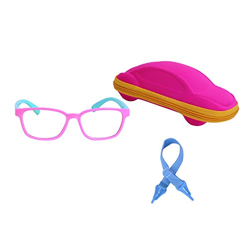 JoXiGo Kinder Brille Ohne Stärke Blaulichtfilter UV Blockieren TR90 Rahmen mit Einstellbare Brillenband + Brillenetui, Rosa Grün, S von JoXiGo