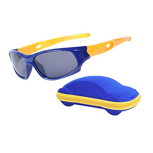 JoXiGo Kinder-Sonnenbrille, polarisiert, bruchsicher, für Jungen und Mädchen (3 – 12 Jahre) + Brillenbänder + Brillenetui, blau von JoXiGo