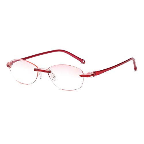 Rahmenlose Lesebrille Anti-Blaulicht für Damen +3.5 (70-74 Jahre) Rot Mode Diamant Cut Edge Designer Ultraleicht Presbyopische Gläser mit Etui von JoXiGo