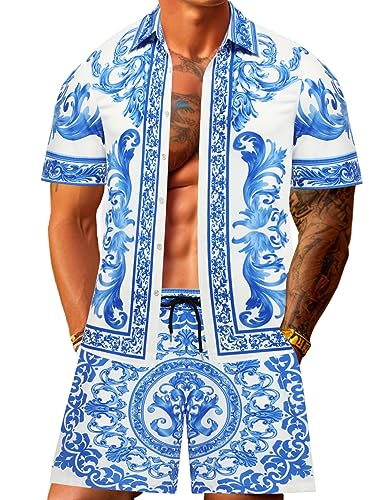 JoZorro Herren-Hawaii-Hemd-Set, lässige Button-Down-Shirts, 2-teilig, luxuriöse Sommer-Strand-Outfits, Blau, XX-Large von JoZorro